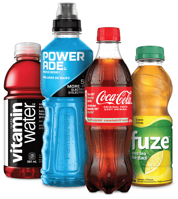 Glaceau vitaminwater® Acai Blueberry Pomegranate, Powerade® Mixed Berry, Coca-Cola® Original, and Fuze® Iced Tea bottles